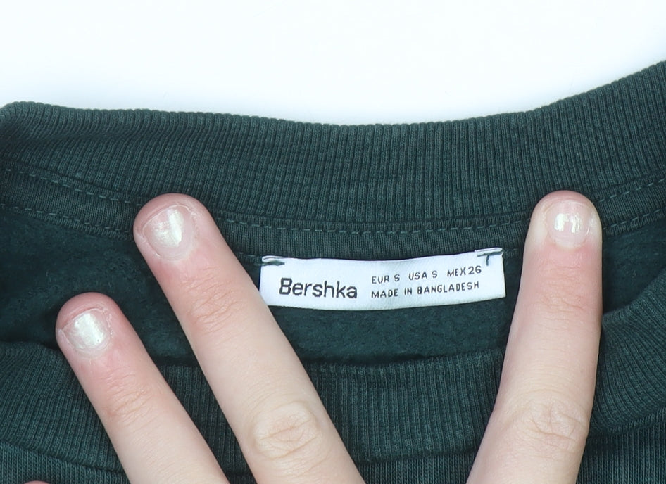 Bershka Women Dark Green Cropped Pullover Sweatshirt Size S