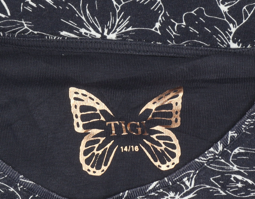 Tigi-Wear Women's Blue Floral Cotton T-Shirt Size 14