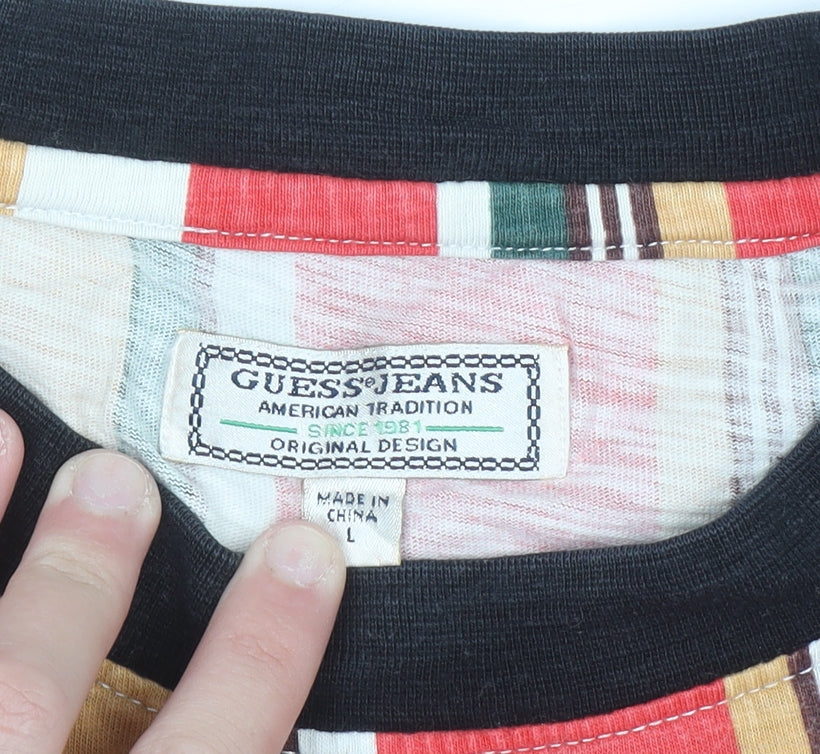 Guess Men's Multicoloured Striped Crew Neck Cotton T-Shirt Size L