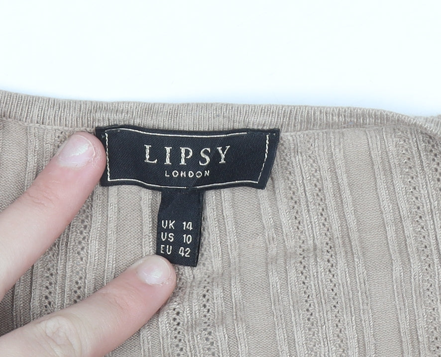 Lipsy Women Beige V-Neck Button Shoulder Long Sleeve Jumper Size 14