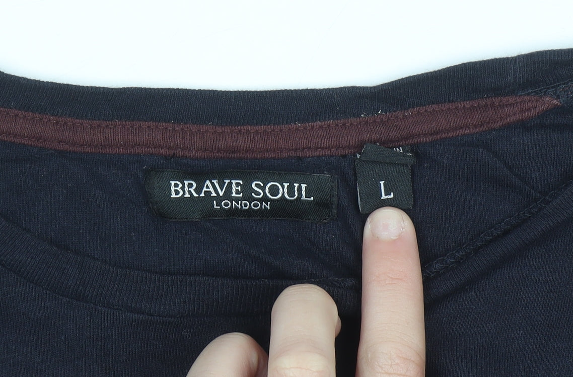 Brave Soul Men's Blue Crew Neck Cotton T-Shirt Size L