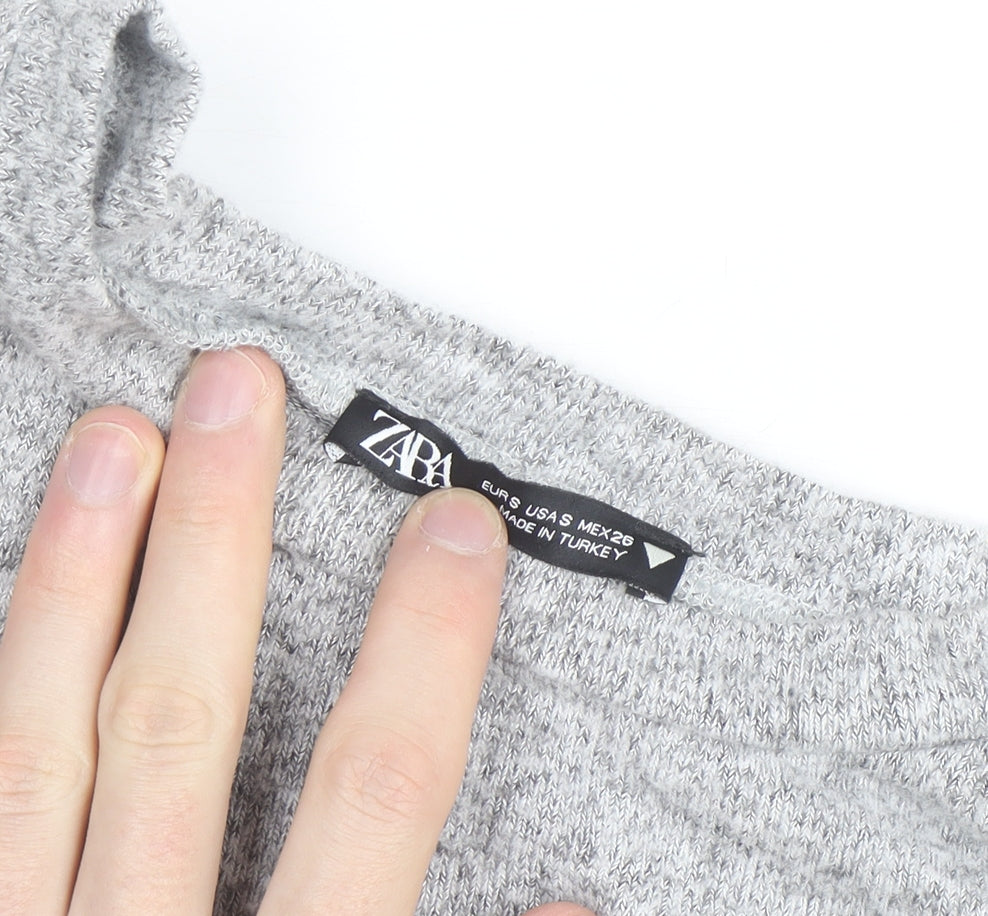 Zara Women Grey Cropped Knit Crew Neck Long Sleeve Blouse S