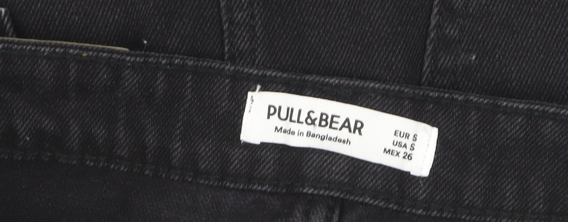 Pull & Bear Women’s Black Denim Mini Skirt Size S High Rise Frayed Hem