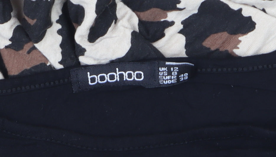 Boohoo Womens Black Leopard Skater Dress Size 12 Long Sleeve