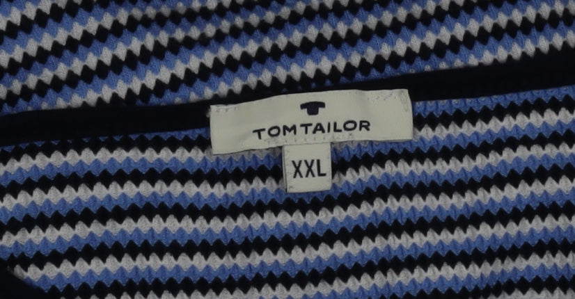Tom Tailor Womens Blue Striped 2XL Cotton Blend V-Neck Top