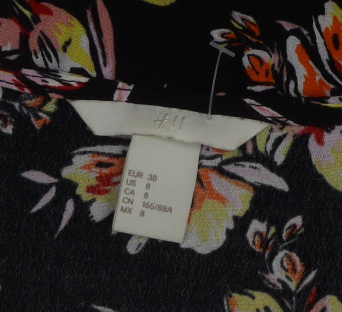 H&M Womens Black Floral V-Neck Blouse Size 10 Ruffle Short Sleeve Viscose