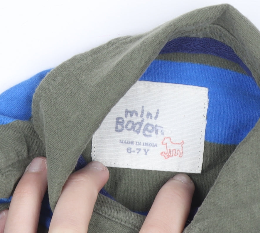 Mini Boden Boys Blue & Khaki Striped Long Sleeve Polo Shirt 6-7 Years