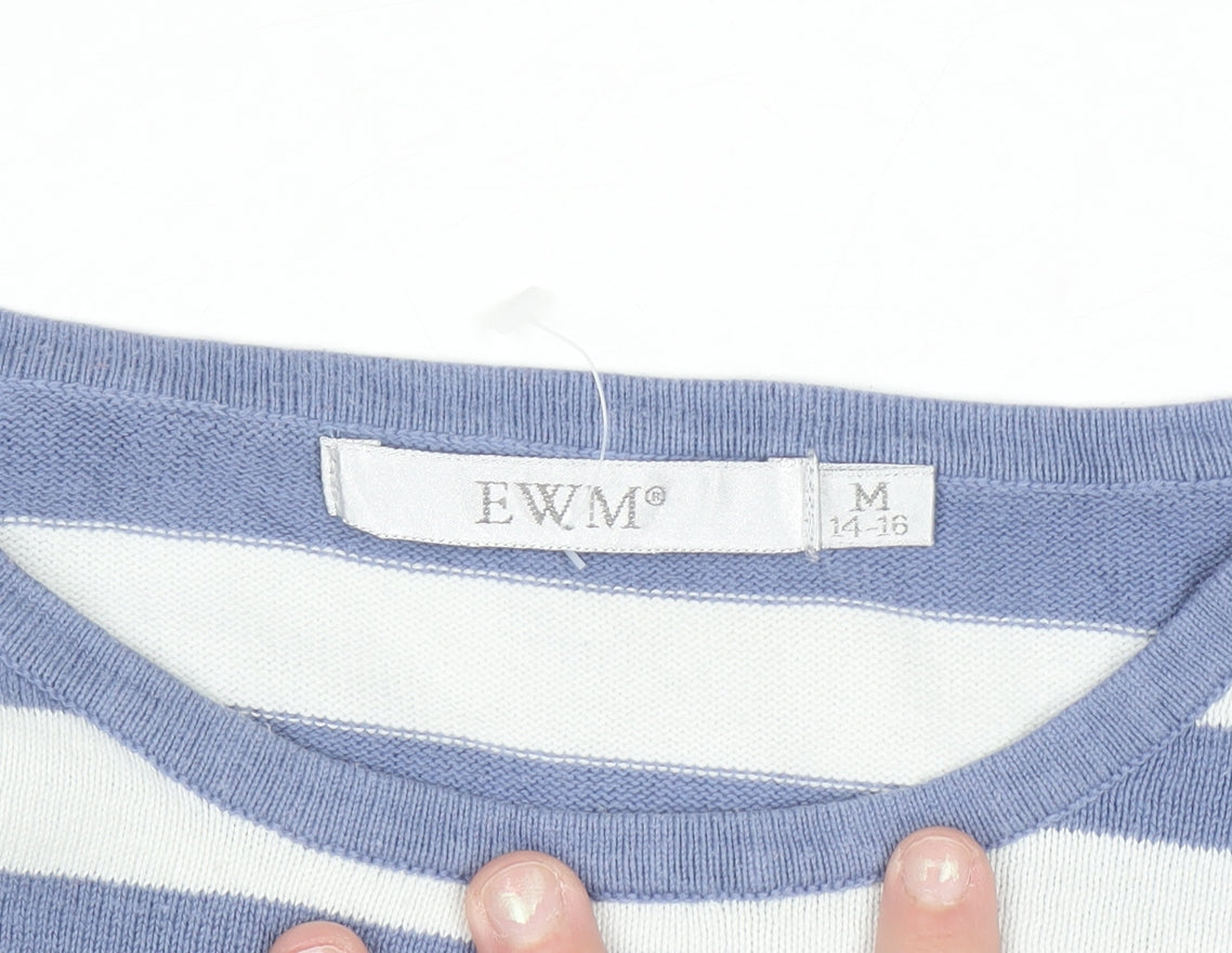 EWM Womens Blue Striped Cotton Crew Neck Long Sleeve Jumper Size 14