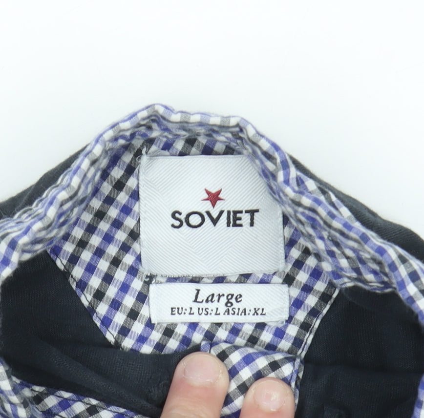Soviet Men's Black Check Collar Polo Shirt Size L Cotton