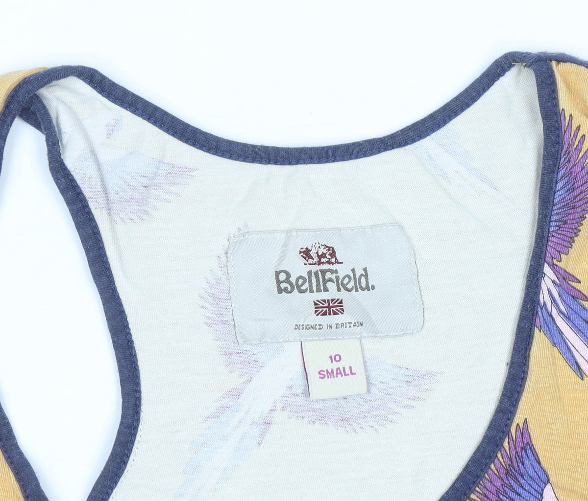 BellField Women's Yellow Bird Print Racerback Cotton Tank Top Size 10