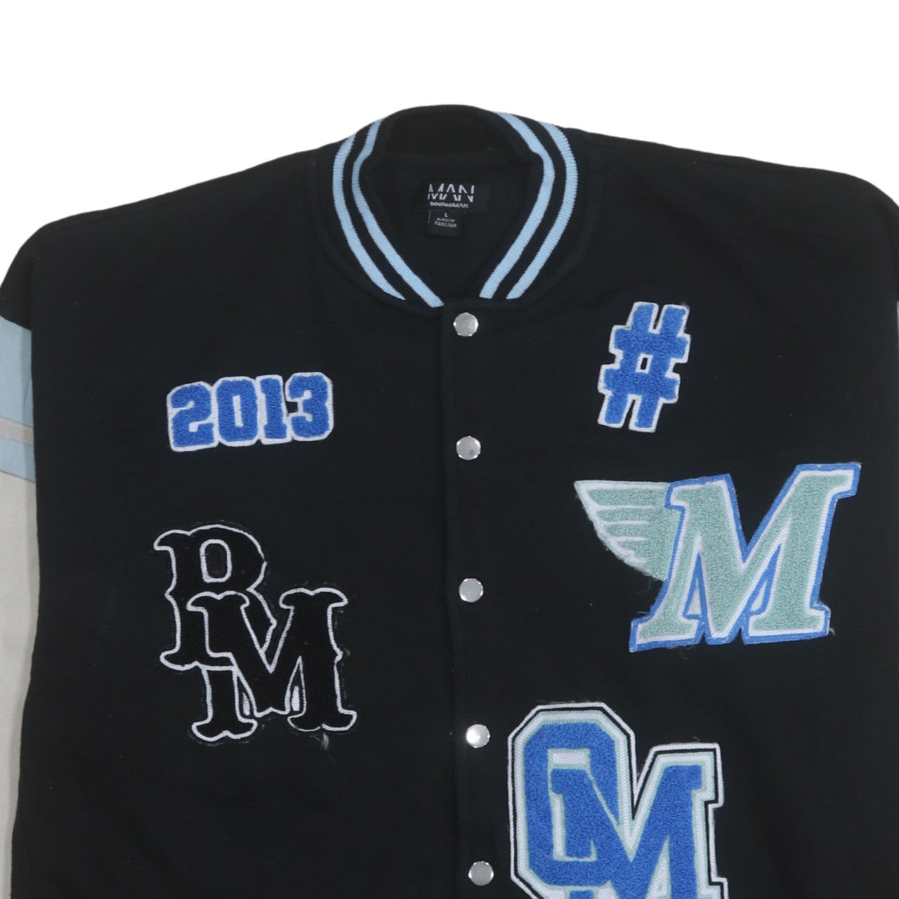 boohooMAN Men’s Black Varsity Jacket L College Style Embroidered