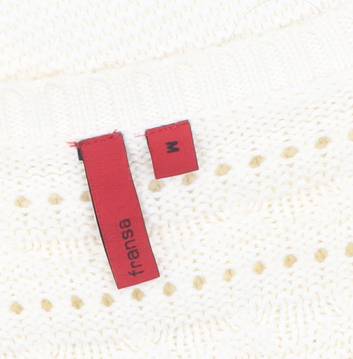 Fransa Women Ivory Short Sleeve Open Knit Cardigan M