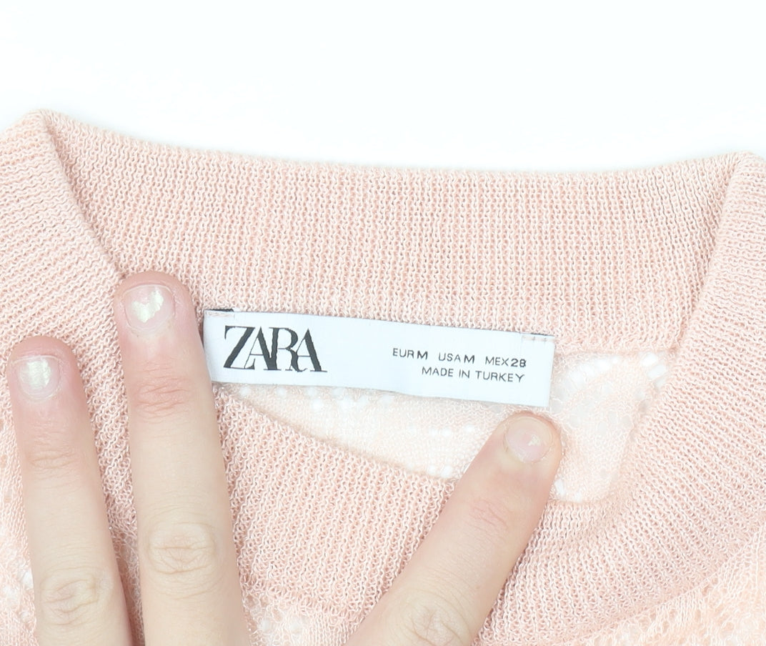 ZARA Women Pink Cropped Knit Blouse Size M Lightweight Viscose
