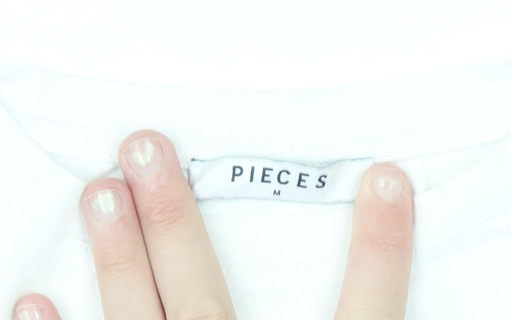 Pieces Women's White Sequin Slogan Cotton T-Shirt Size M