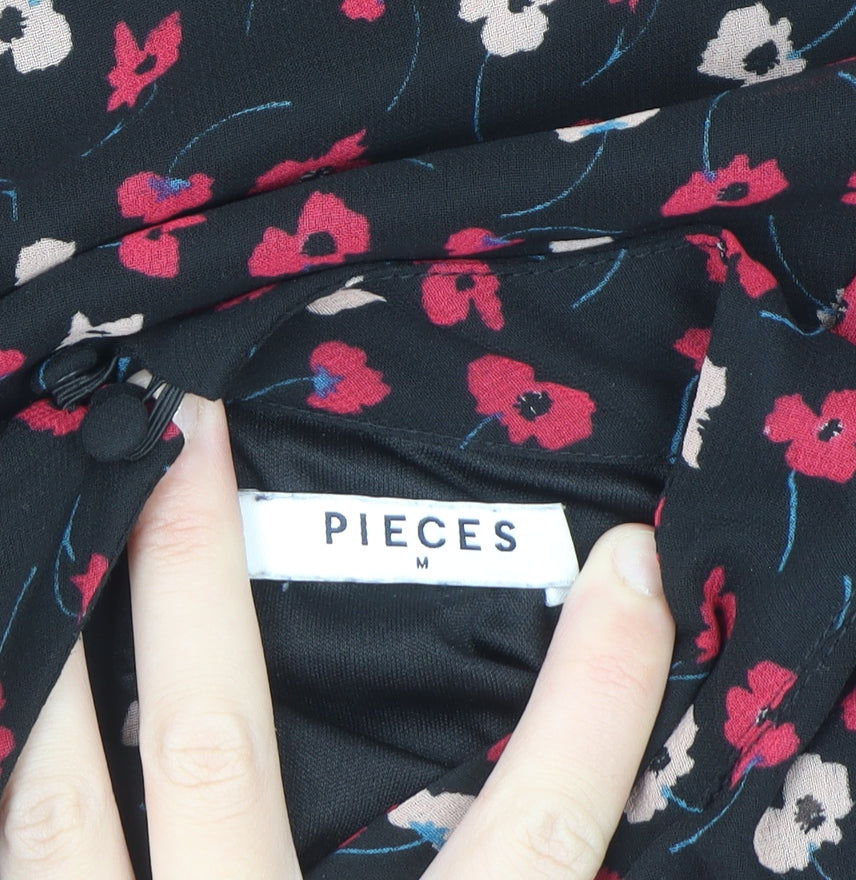 Pieces Womens Black Floral Chiffon Tunic Blouse Size M