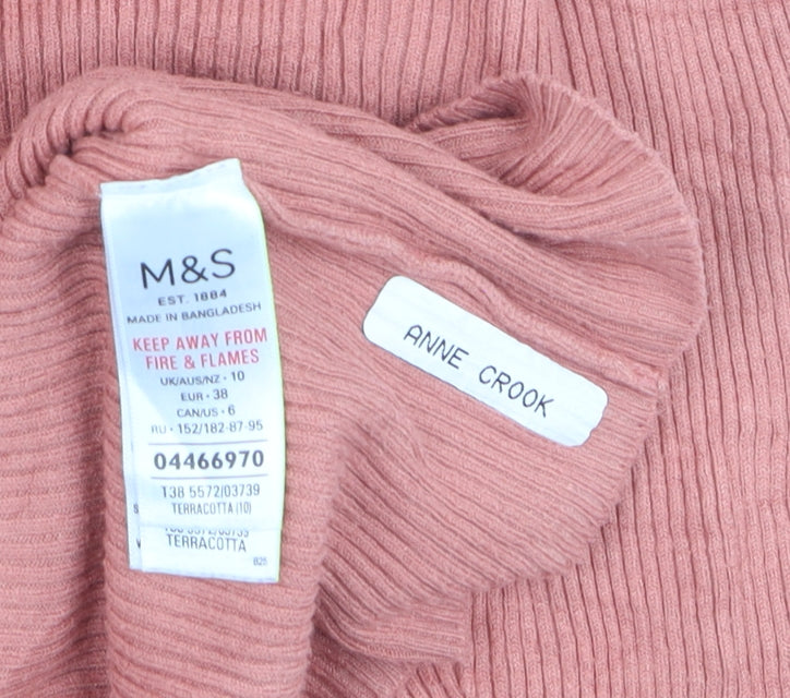 Marks & Spencer Women’s Pink Roll Neck Ribbed Cotton Jumper Size 10