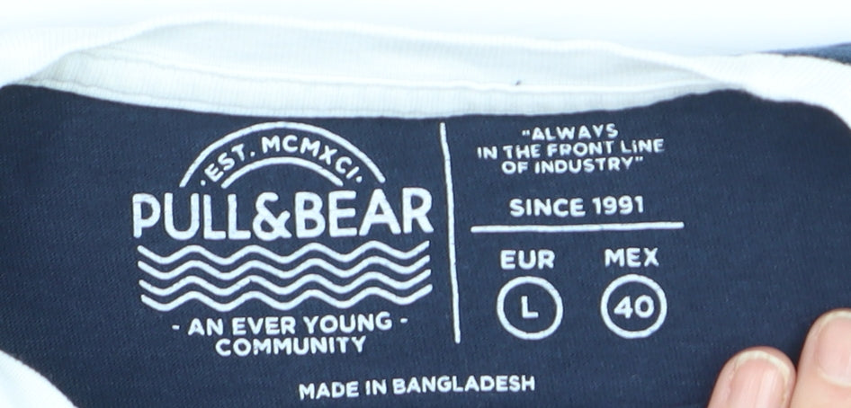 Pull&Bear Men's White Navy Retro Long Sleeve Cotton Top L
