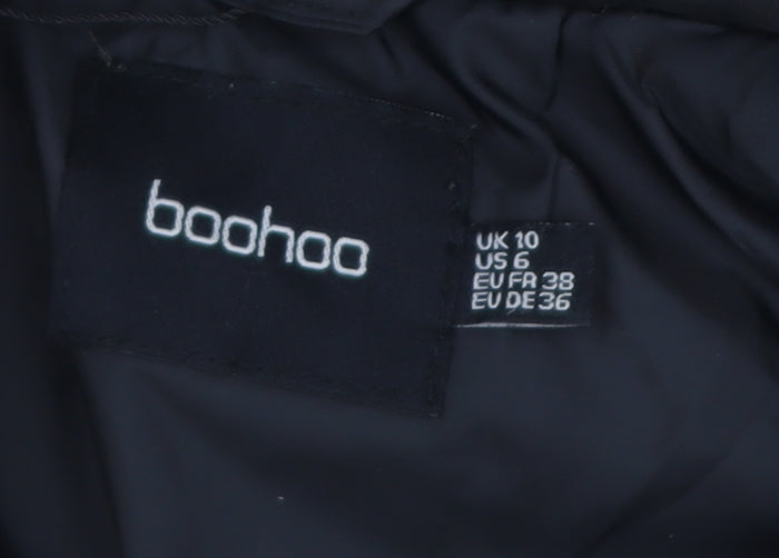 Boohoo Women's Black Long Hooded Puffer Coat Size 10 Fur Trim Winter