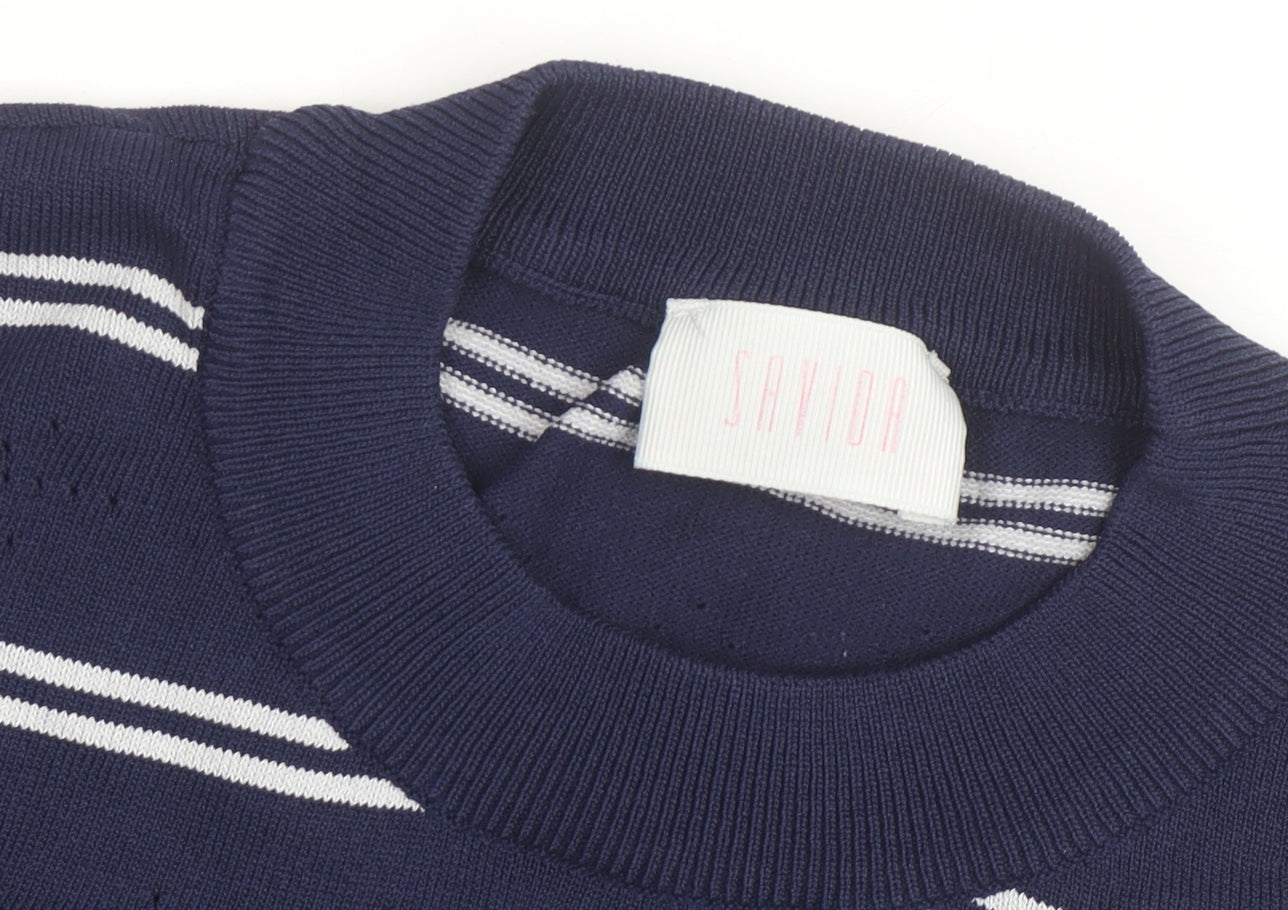 Savida Women Blue Striped Knit Short Sleeve Crew Neck Top Size 16