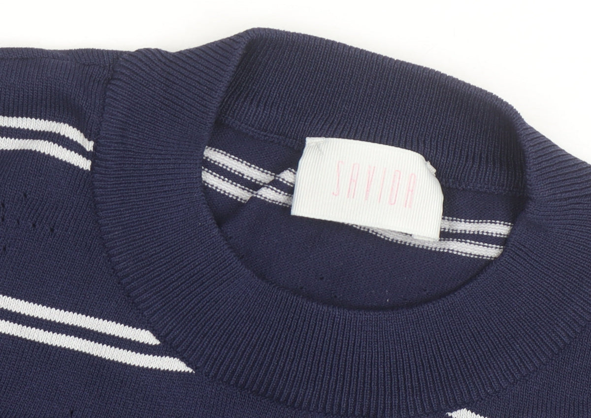 Savida Women Blue Striped Knit Short Sleeve Crew Neck Top Size 16