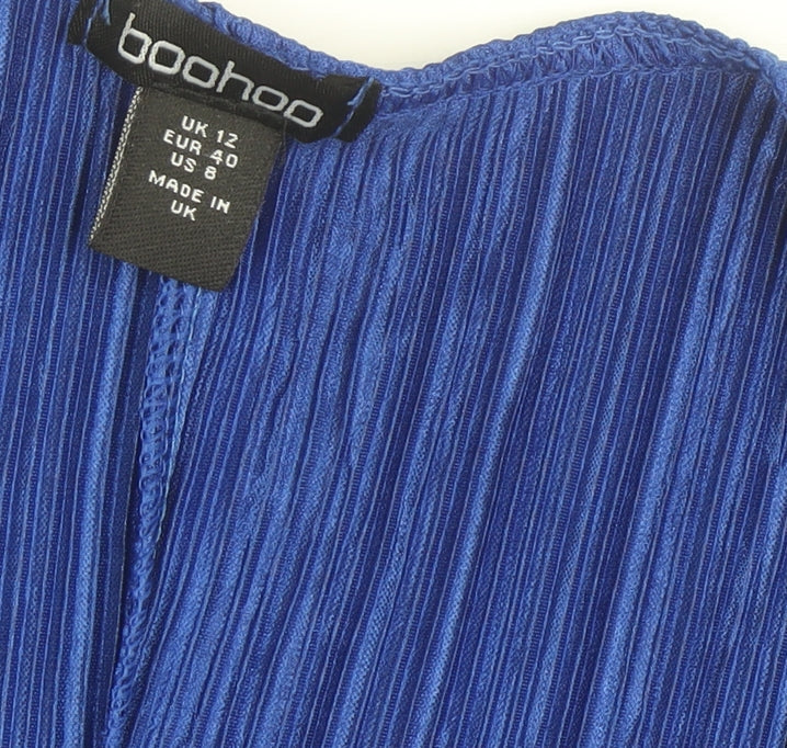 Boohoo Womens Blue Pleated Wrap Blouse Size 12 Long Sleeve