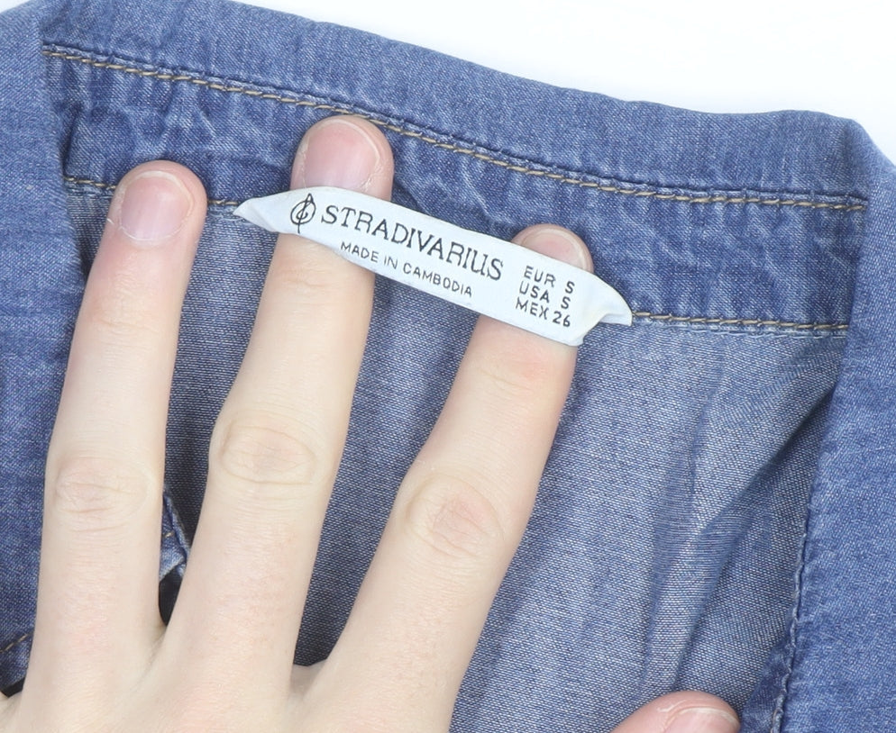 Stradivarius Women Blue Short Sleeve Denim Shirt Dress Size 8
