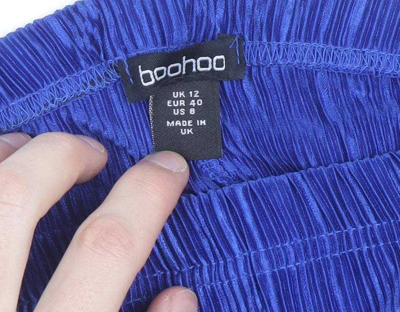 Boohoo Women's Blue Pleated Wide-Leg Trousers Size 12
