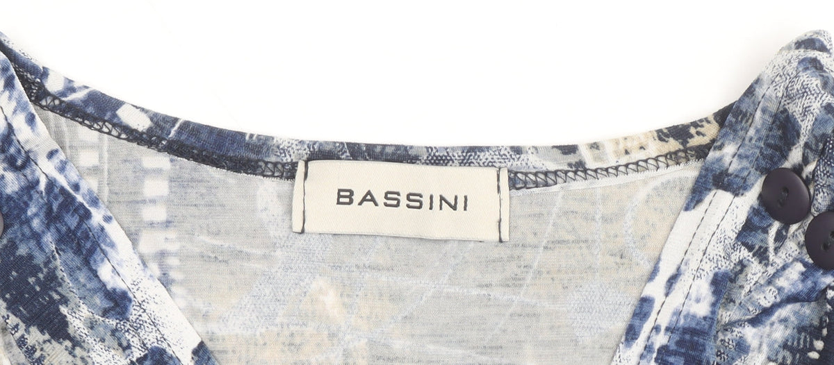 Bassini Women's Blue Geometric Wrap Blouse L Short Sleeve