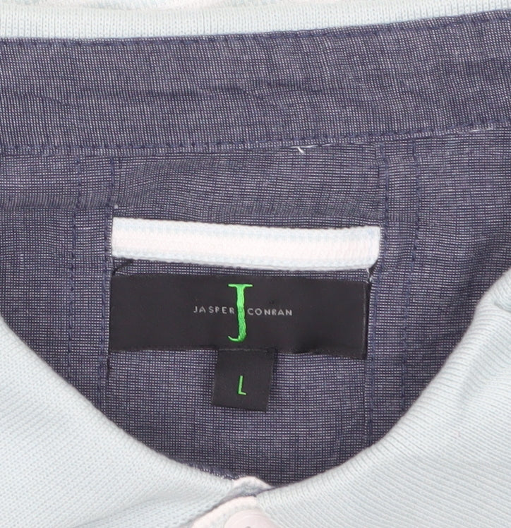 Jasper Conran Men's Blue Striped Button-Down Cotton Polo Shirt L
