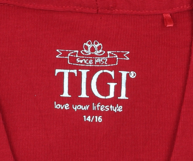 TIGI Women Red V-Neck 3/4 Sleeve Jersey T-Shirt Size 14