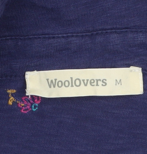 WoolOvers Women's Navy Blue Floral Embroidered Long Sleeve Polo Shirt M