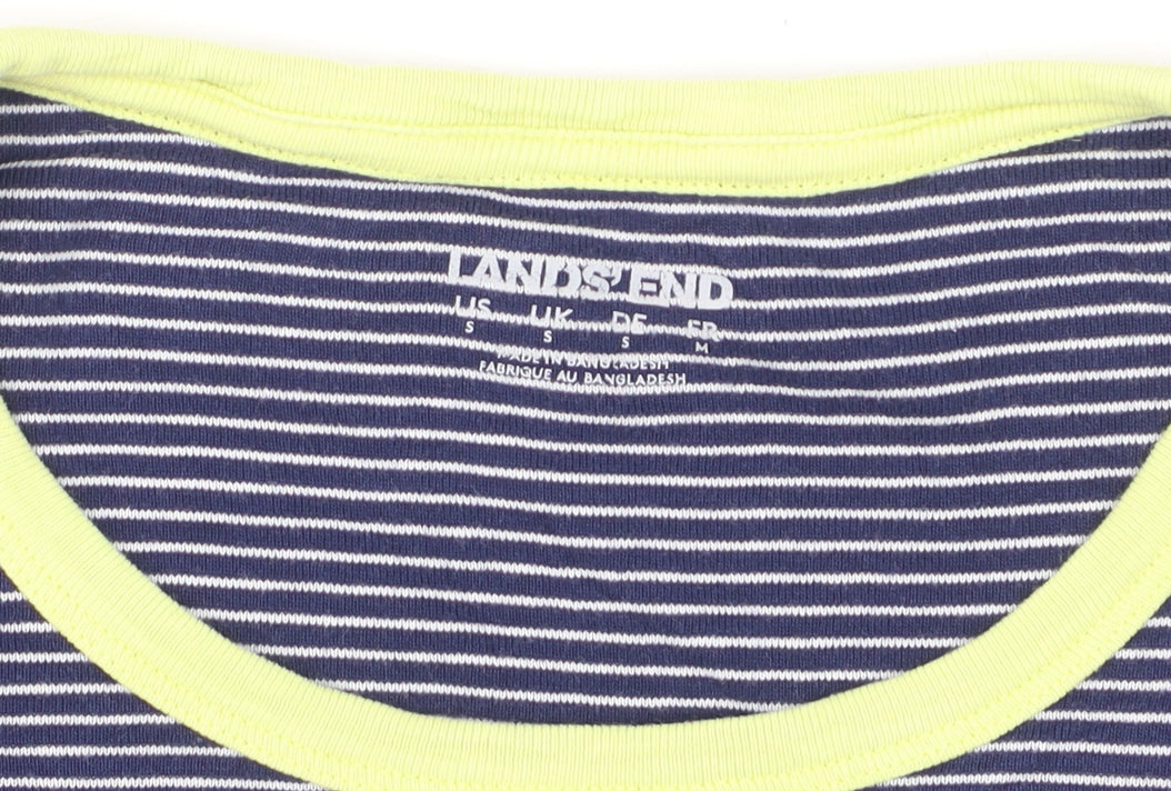 Lands' End Men Blue Striped Cotton Crew Neck Short Sleeve T-Shirt S