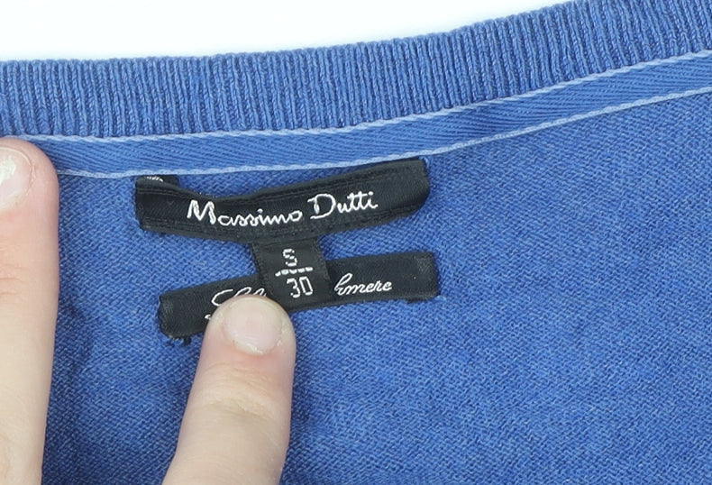 Massimo Dutti Women's Blue Silk Cotton Cashmere V-Neck Jumper S