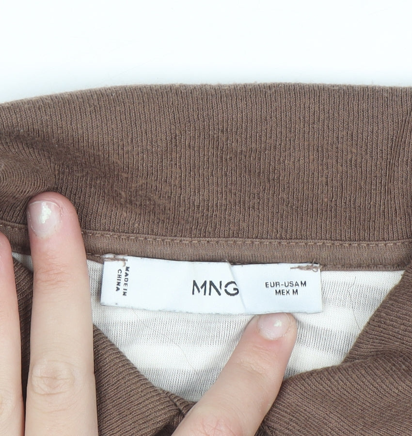 MNG Women Brown Stripe Collared Henley Jumper Size M