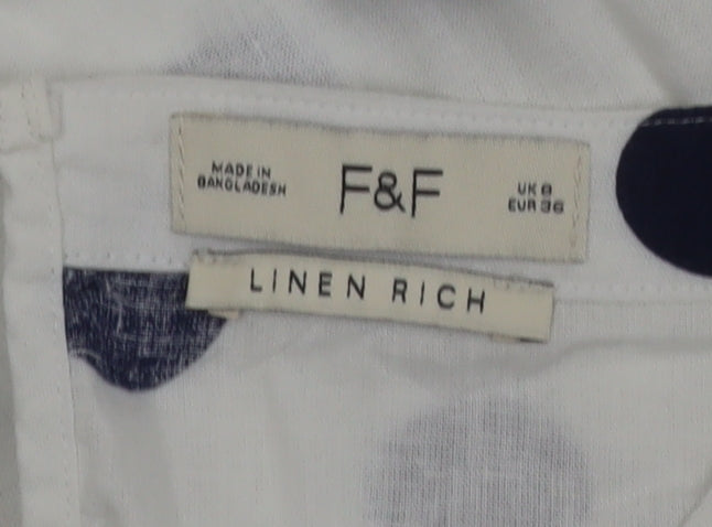 F&F Women’s White Polka Dot Linen Blend Short Sleeve Blouse Size 8