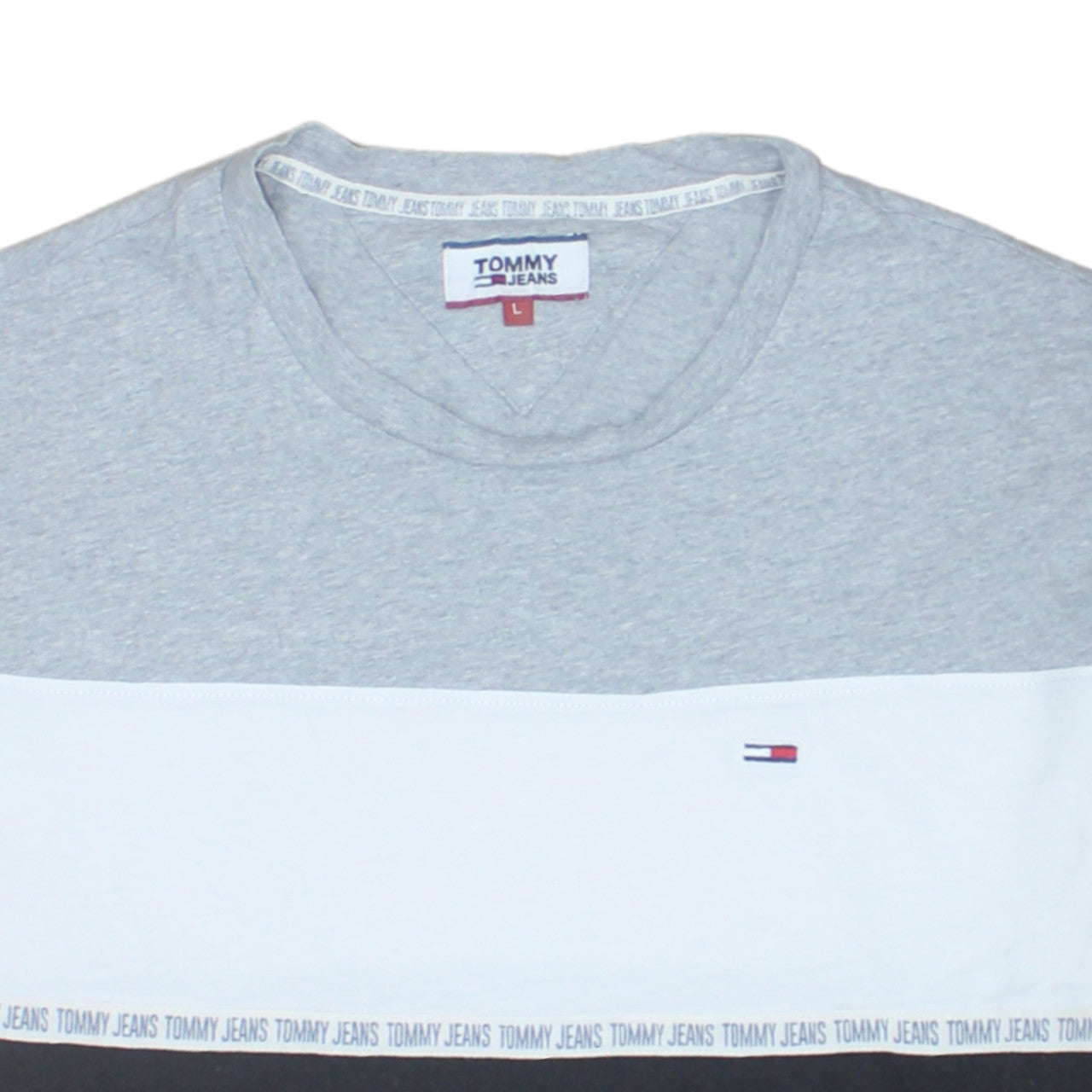 Tommy Jeans Men's Grey White Black Colourblock Crew Neck T-Shirt L