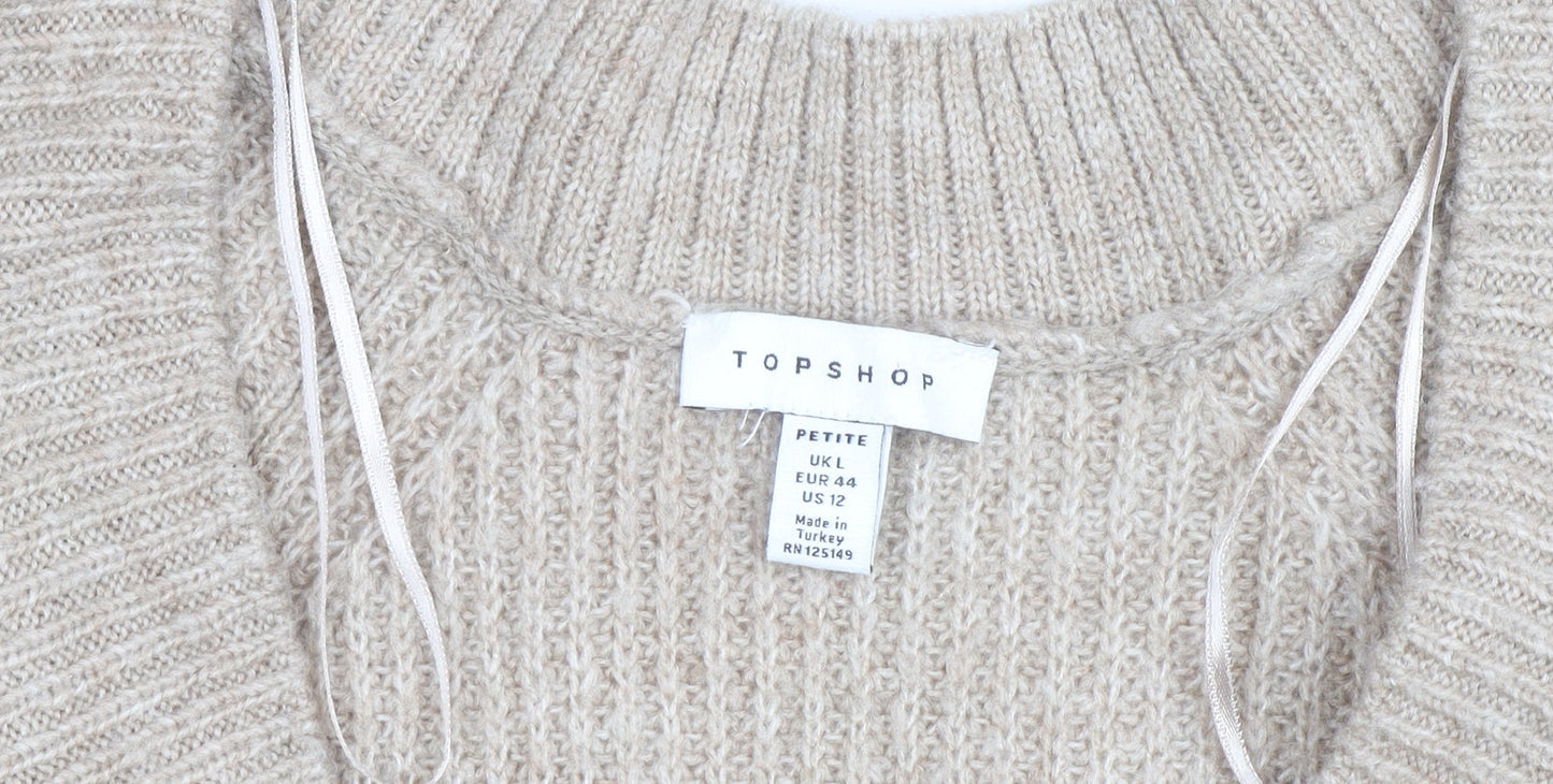 Topshop Women Beige Petite L V-Neck Chunky-Knit Jumper