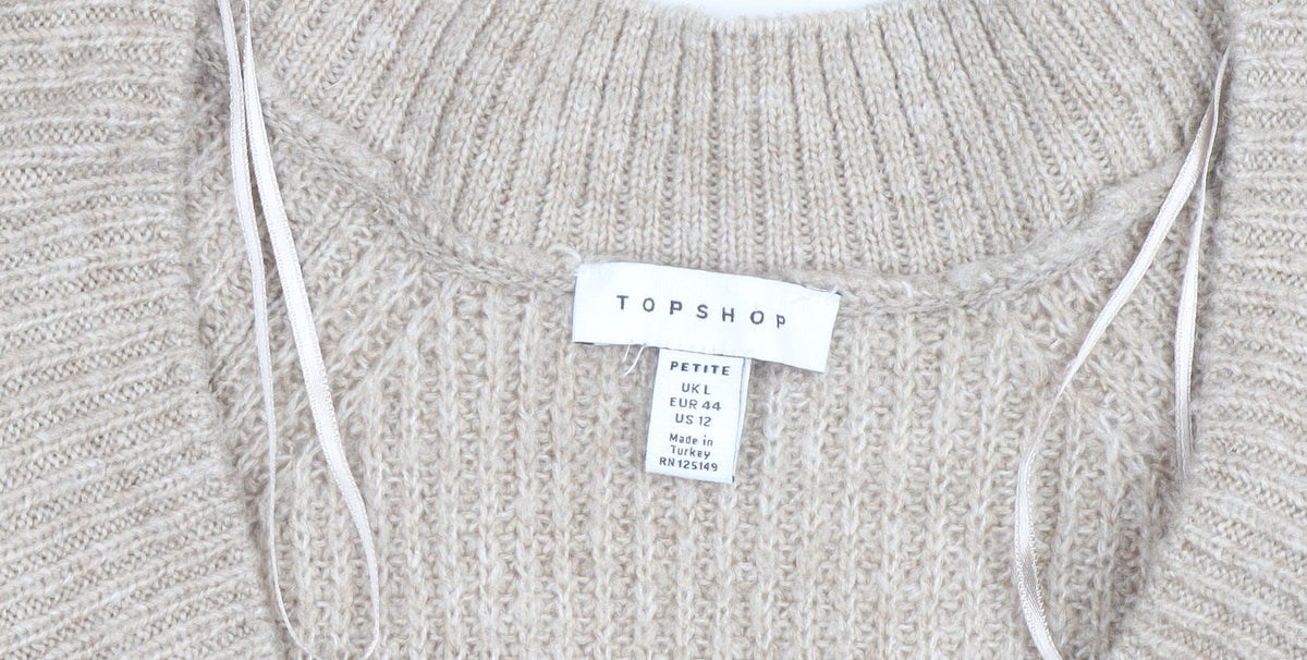 Topshop Women Beige Petite L V-Neck Chunky-Knit Jumper
