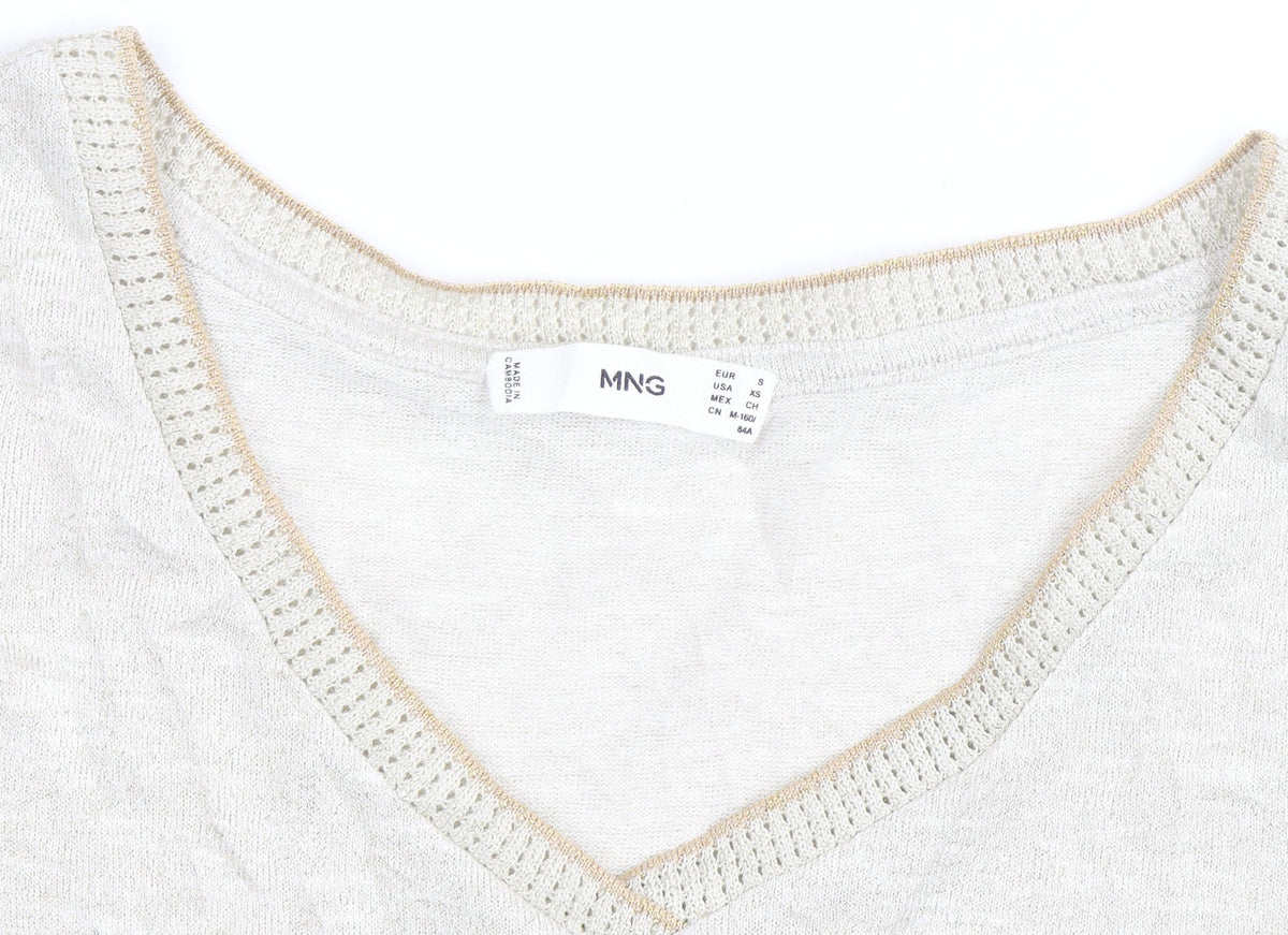 Mango Women's Beige V-Neck Short Sleeve Basic T-Shirt Size 8