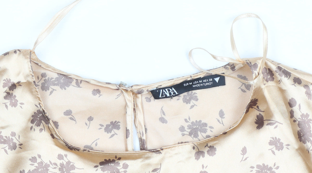 Zara Women Beige Floral Satin Cropped Blouse Size 12 Long Sleeve