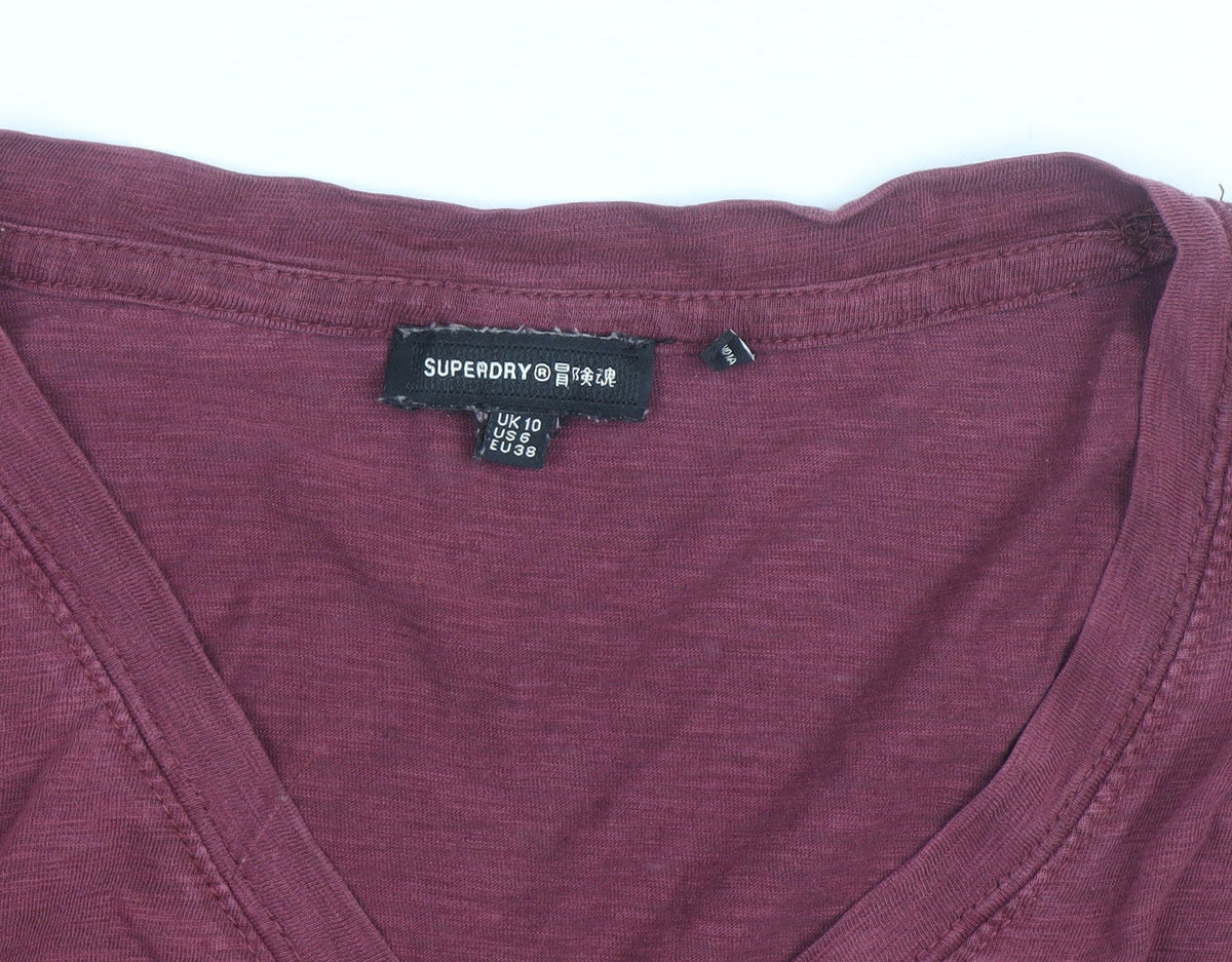 Superdry Womens Red Long Sleeve V-Neck Cotton T-Shirt Size 10
