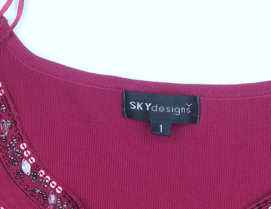 SKYdesigns Women Red Beaded Knit Top Size S 3/4 Sleeve