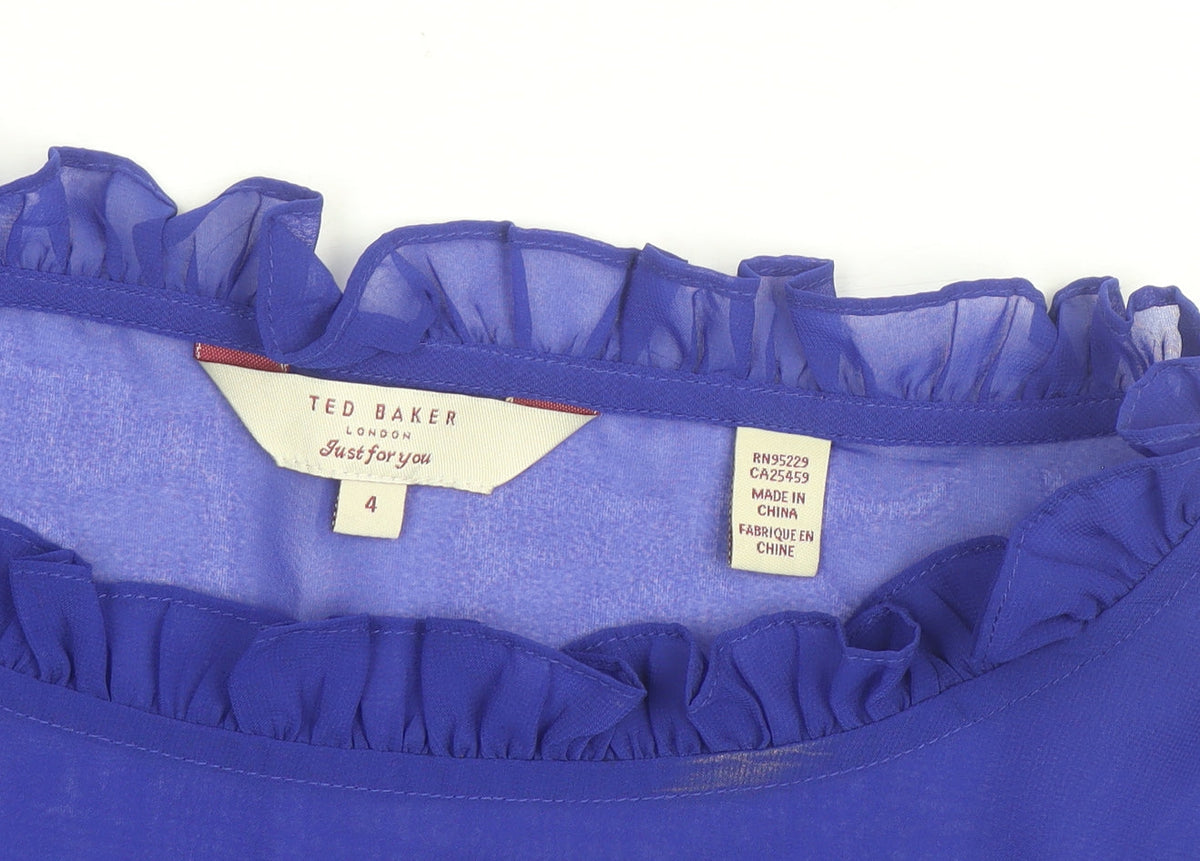 Ted Baker Women's Blue Ruffle Chiffon Sleeveless Blouse Size 14