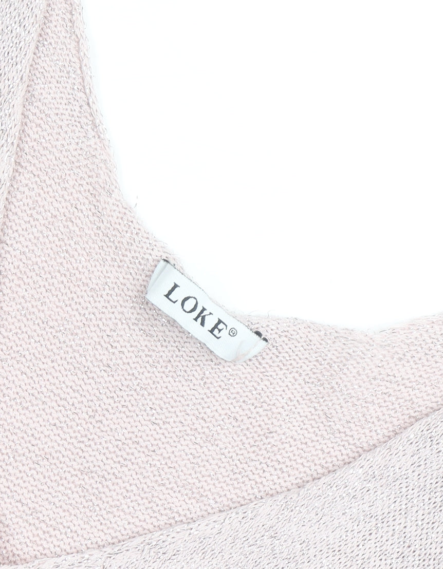 LOKE Women's Beige Knit Slip Dress S V-Neck Ruched Lightweight