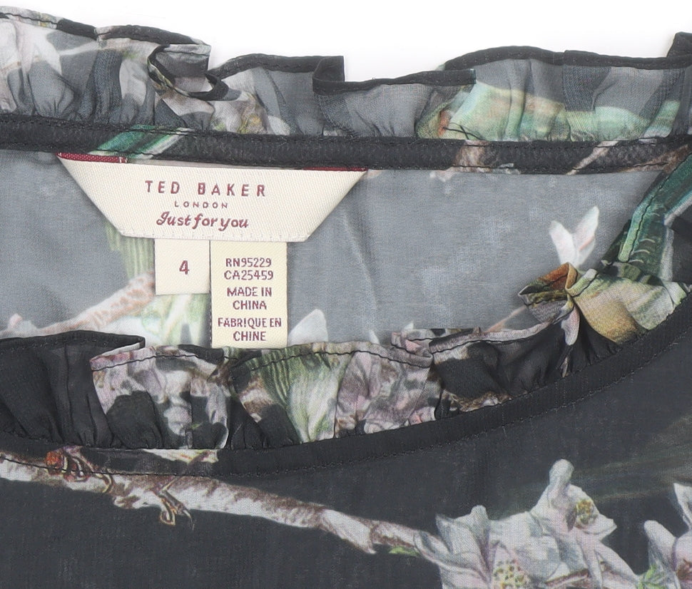 Ted Baker Women's Black Bird Print Ruffle Sleeveless Chiffon Blouse Size 14