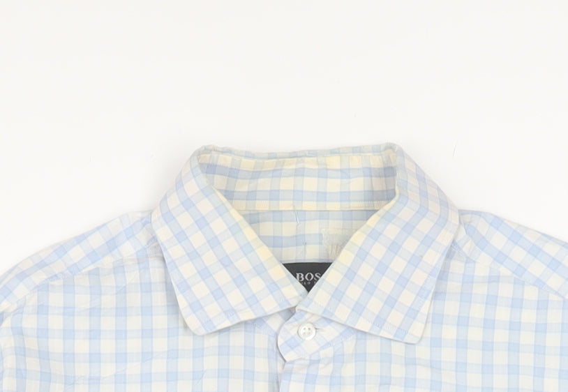 Hugo Boss Men's Blue Check Long Sleeve Cotton Button-Up Shirt Size 16