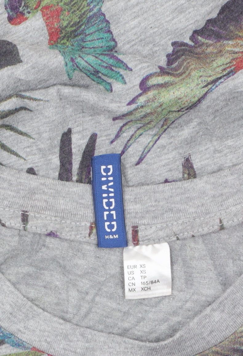 H&M Divided Men's Grey Tropical Floral Parrot Print T-Shirt XS