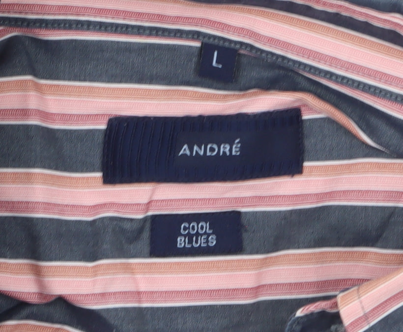 André Men's Blue Striped Long Sleeve Cotton Button-Up Shirt L