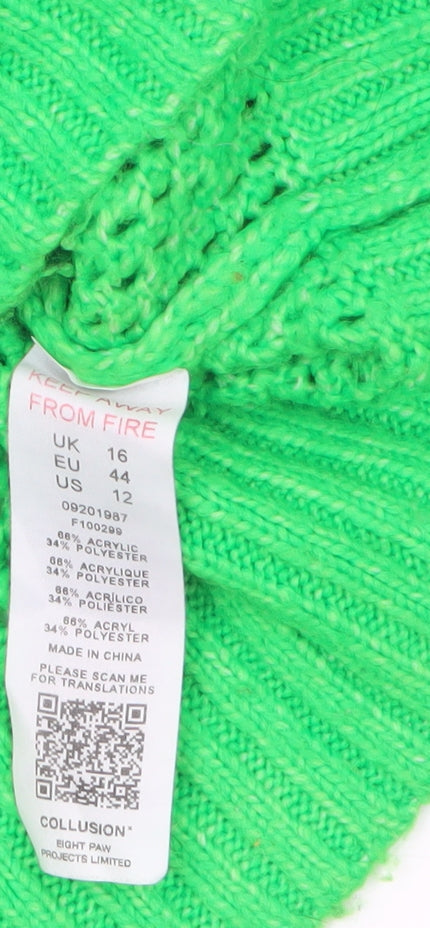 Collusion Womens Green V-Neck Cropped Jumper UK 16 Knit Acrylic Blend