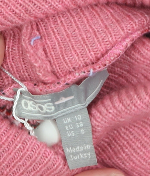 ASOS Womens Pink Fair Isle Roll Neck Jumper Size 10 Winter Knit
